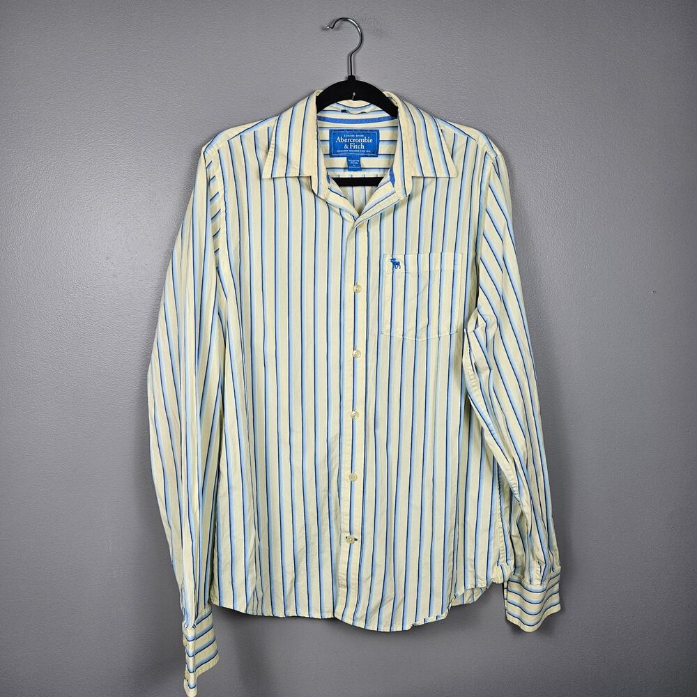 Abercrombie & Fitch Mens L Button Down‎ Shirt Muscle Fit Y2K Striped Blue Yellow